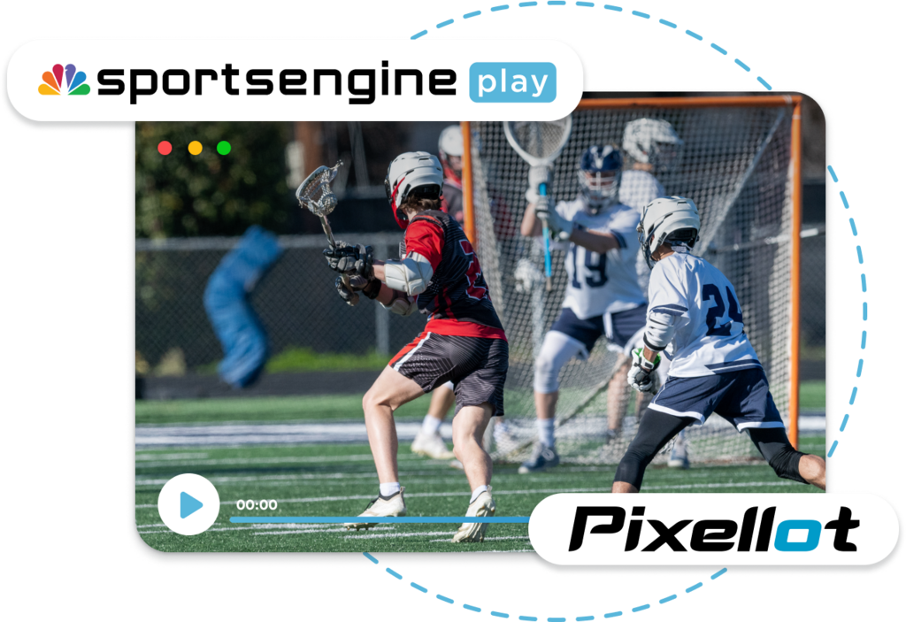 An action shot from a lacrosse game captured by Pixellot's automated sports production technology, showcasing players in motion on the field with the SportsEngine Play logo at the top left, indicating the use of advanced facility management software for organizing and streaming the event.