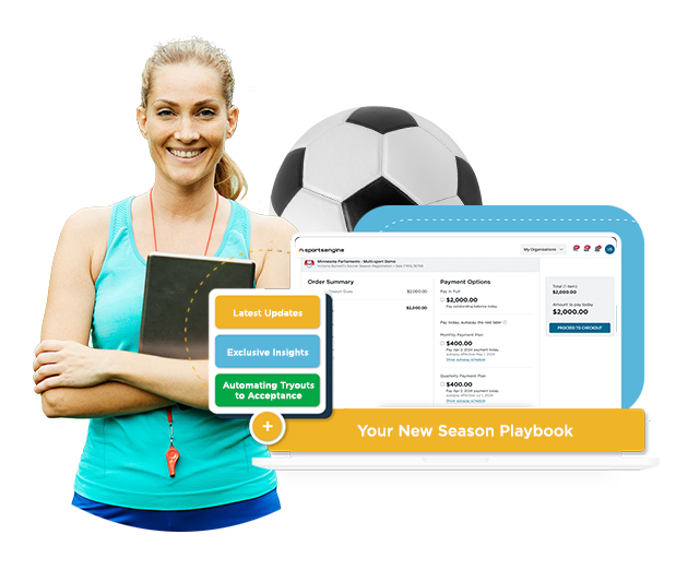 woman soccer coach, tech screen, and soccer ball