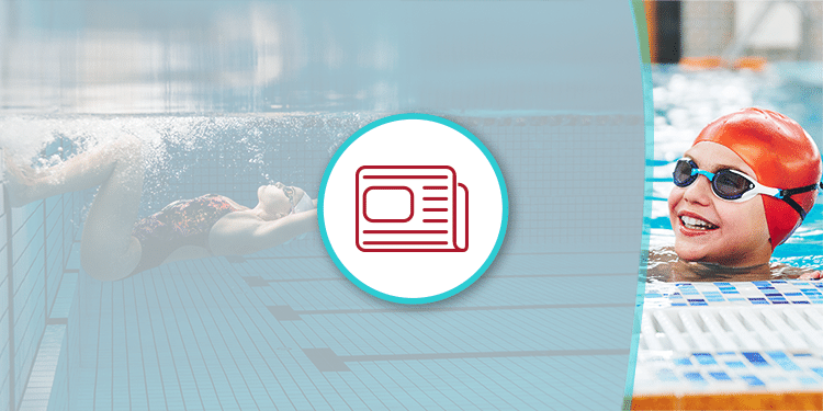 swimmer doing a flip turn with another young swimmer smiling in a swim cap overlayed with a newspaper image