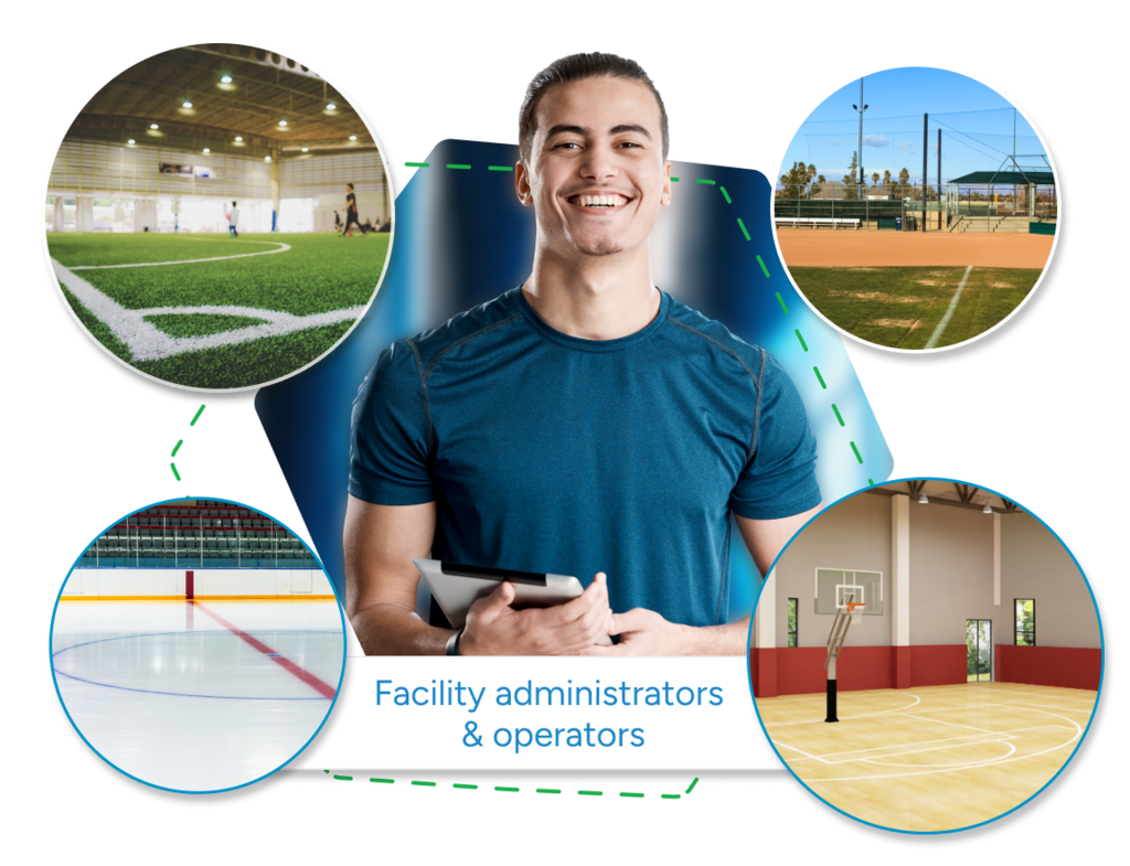 A smiling young male facility administrator holding a tablet with a collage of four different sports facilities in the background, including an indoor soccer field, an outdoor baseball diamond, an ice hockey rink, and an indoor basketball court, representing the diverse venues managed through facility management software.